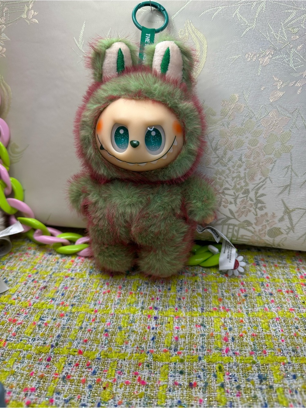 Fuzzy Labubu Doll Keychain - Green & Pink Plush Character